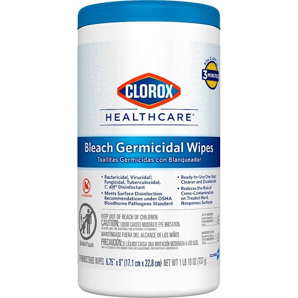 Clorox Healthcare Bleach Germicidal Wipes, 6.75 In X 9 In, 70 Count Canister