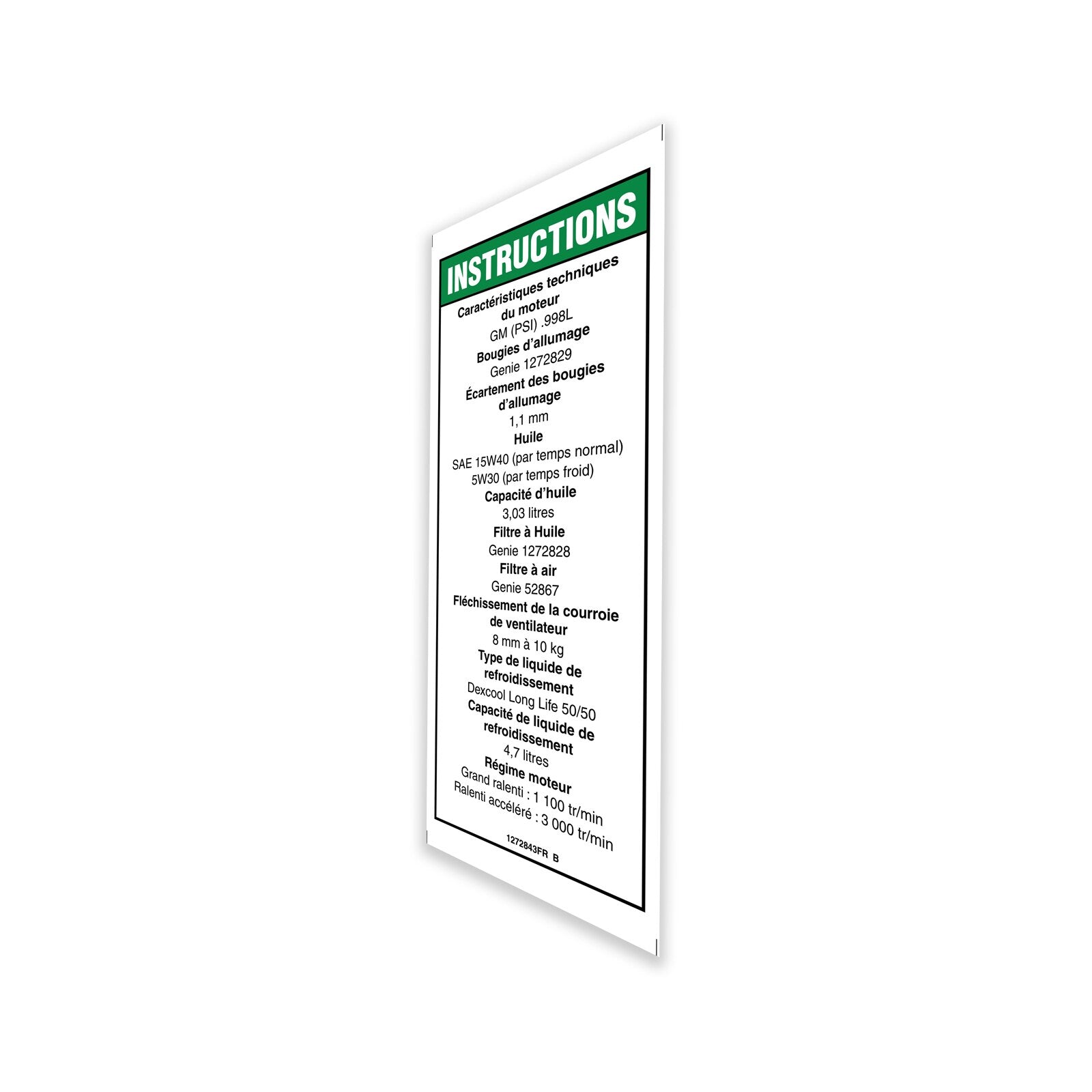Genie Part # 1272843FRGT – Decal, Notice, GM .998L Spec