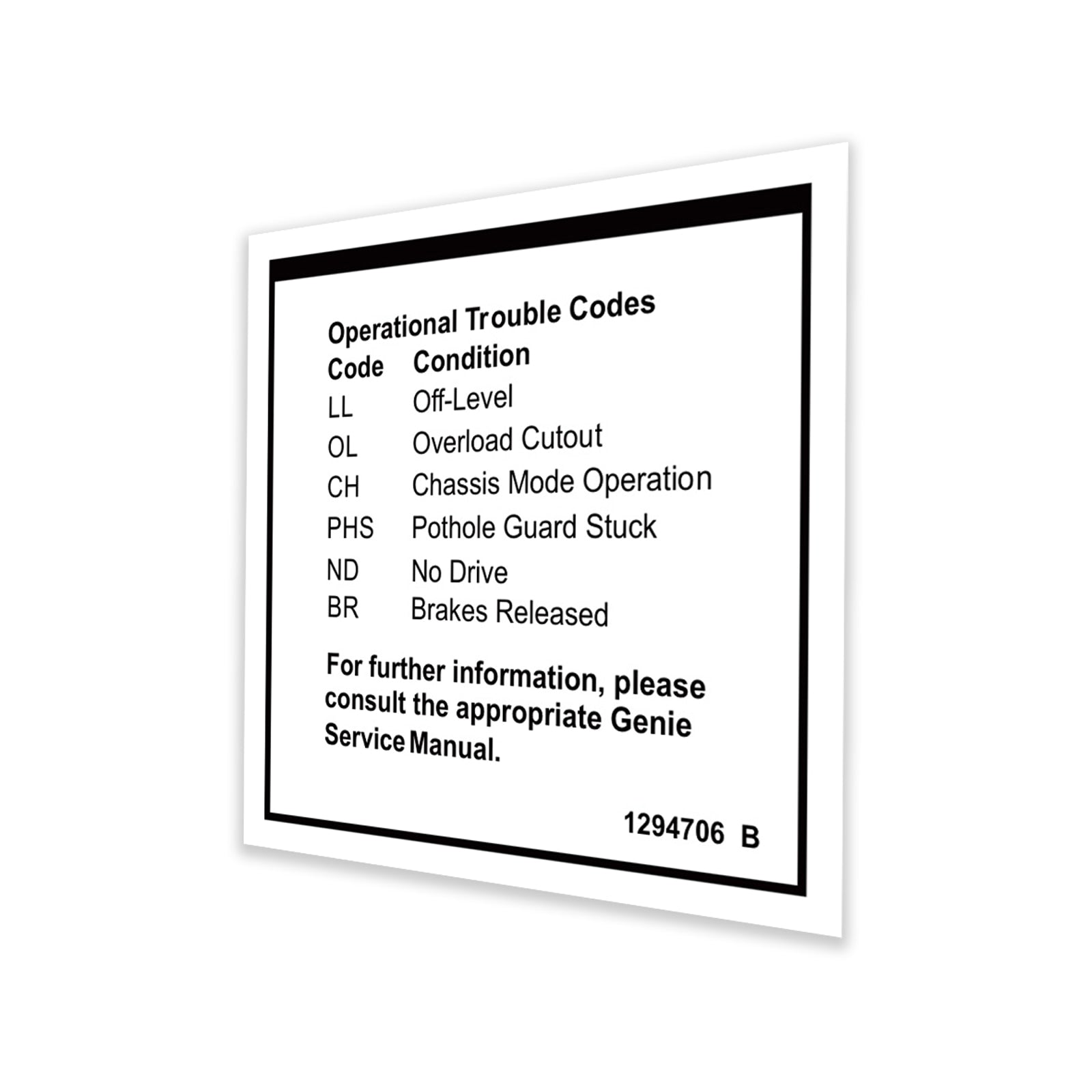 Genie Part # 1294706GT – Decal, Label, Fault Codes, Mini