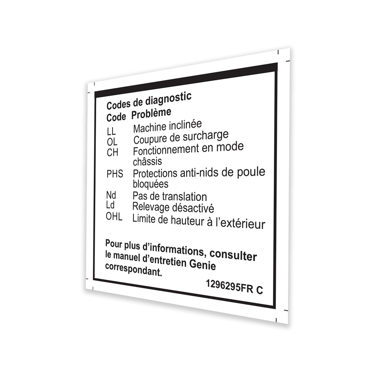 Genie Part # 1296295FRGT – Decal, Label, Fault Codes