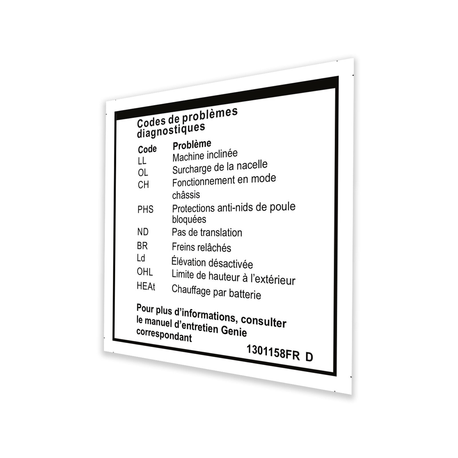 Genie Part # 1301158FRGT – Decal, Label, Fault Codes