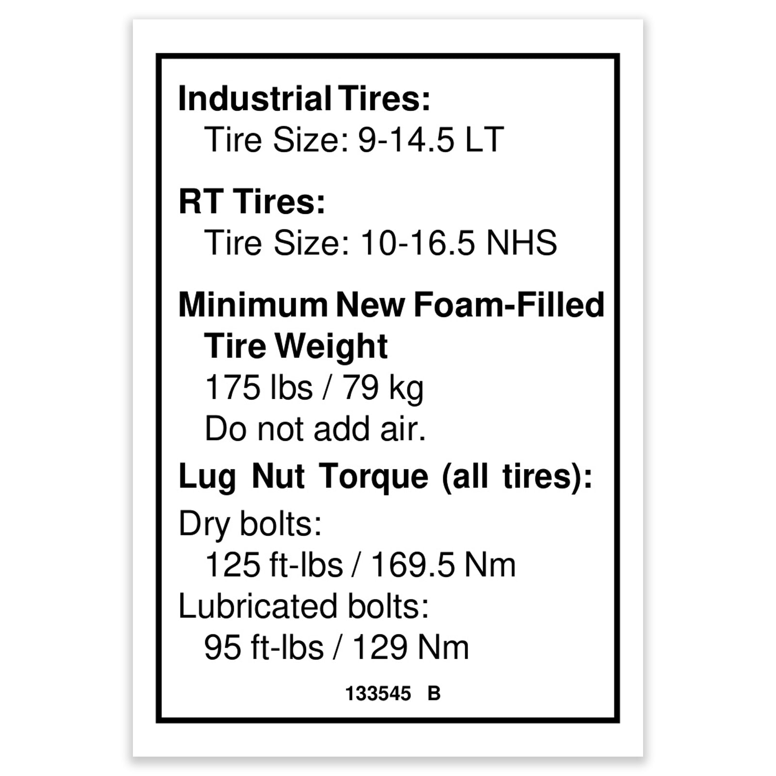 Genie Part # 133545GT – Decal, Notice, Tire Spec