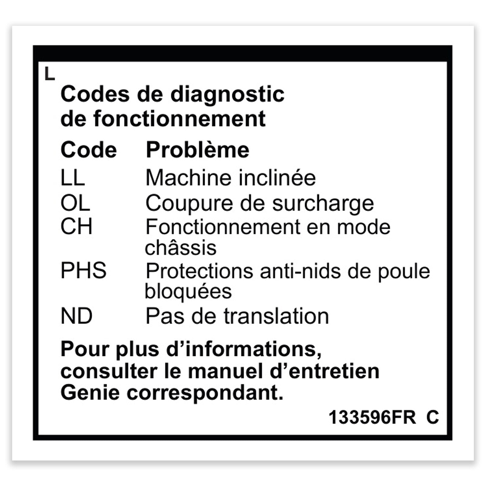Genie Part # 133596FRGT – Decal, Label, Fault Codes