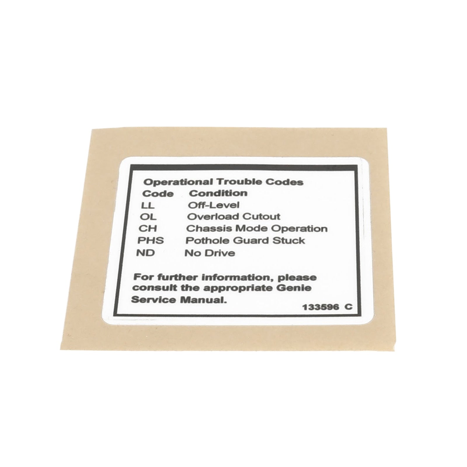 Genie Part # 133596GT – Decal, Label, Fault Codes
