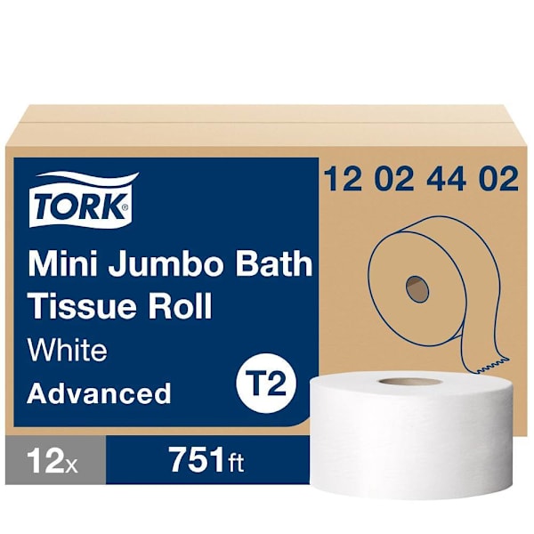 Tork Advanced Mini Jumbo Toilet Paper, 2-Ply, White, T2 System, 751 ft/Roll, 12 Rolls/Case