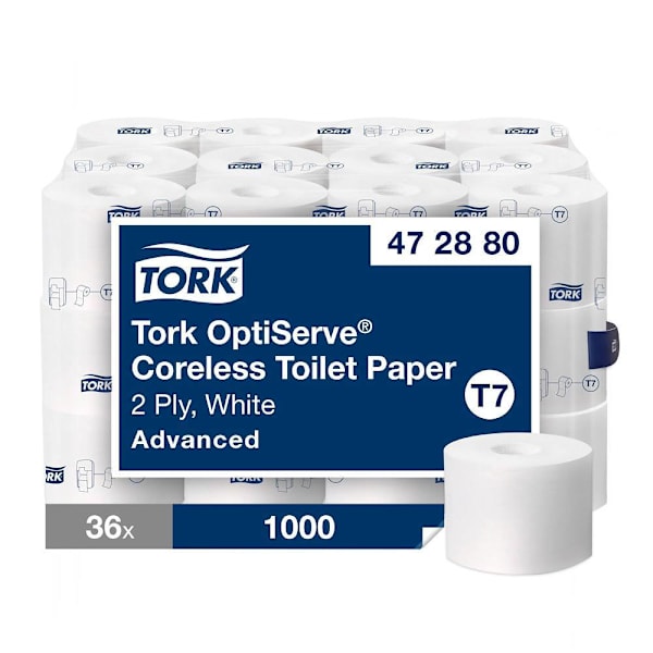 Tork Advanced OptiServe Coreless Toilet Paper, 2-Ply, White, T7 System, 1,000 Sheets/Roll, 36 Rolls/Case