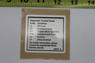 Genie Part # 233477GT – Decal, Label, Fault Codes