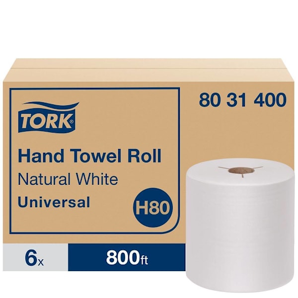 Tork Universal Hand Towel Rolls, Natural White, H80 System, 800 ft/Roll, 6 Rolls/Case