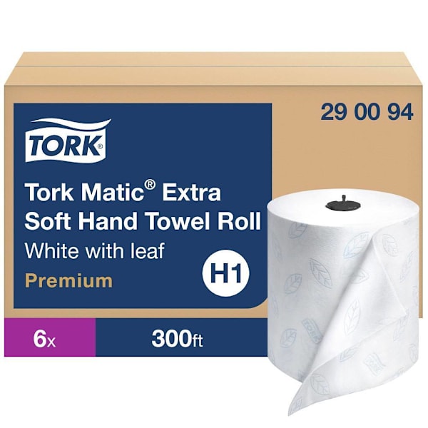 Tork Premium Matic Extra Soft Hand Towel Rolls, High Absorbency, White with Blue Leaf, H1 System, 300 ft/Roll, 6 Rolls/Case