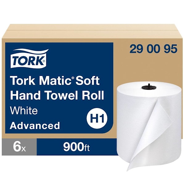 Tork Advanced Matic Soft Hand Towel Rolls, High Absorbency, White, H1 System, 900 ft/Roll, 6 Rolls/Case