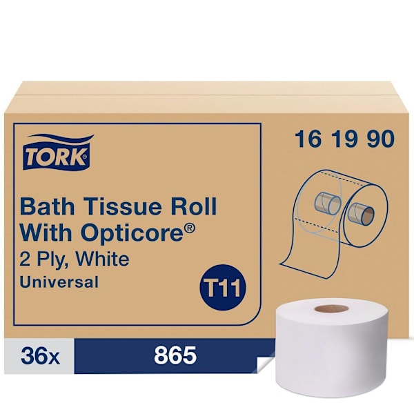 Tork Universal OptiCore Mid-Size Toilet Paper, 2-Ply, White, T11 System, 865 Sheets/Roll, 36 Rolls/Case