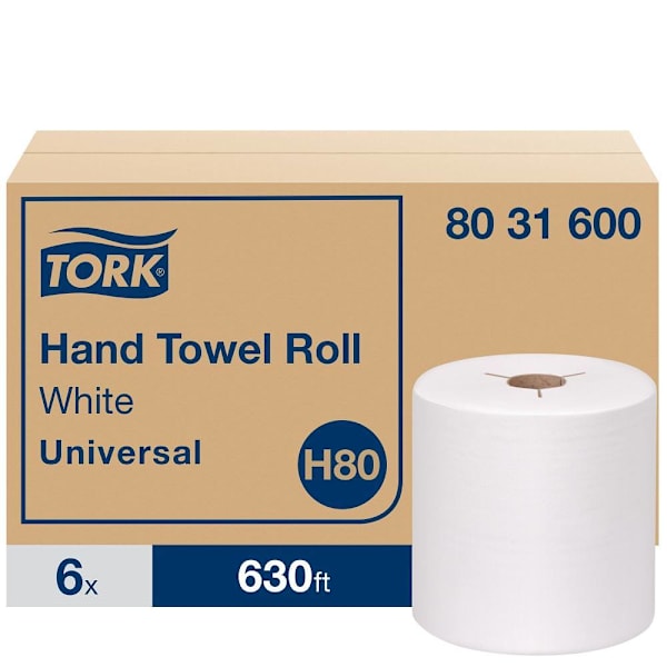 Tork Universal Hand Towel Rolls, White, H80 System, 630 ft/Roll, 6 Rolls/Case