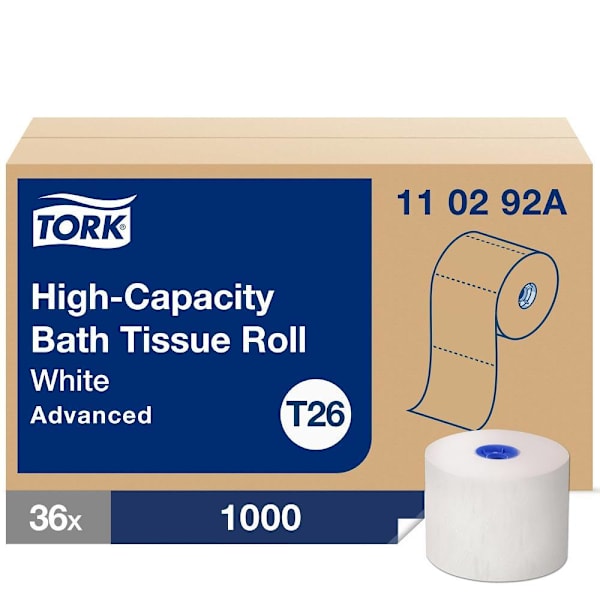 Tork Advanced High-Capacity Toilet Paper, 2-Ply, White, T26 System, 1,000 Sheets/Roll, 36 Rolls/Case