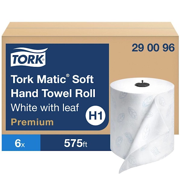 Tork Premium Matic Soft Hand Towel Rolls, High Absorbency, White with Blue Leaf, H1 System, 575 ft/Roll, 6 Rolls/Case