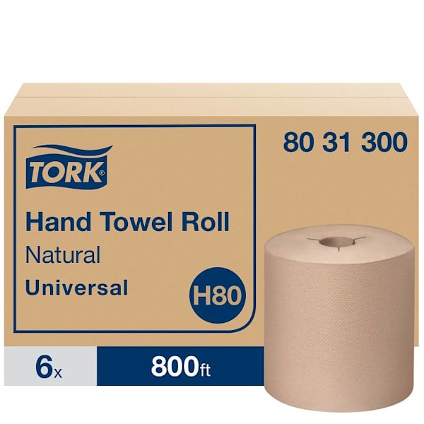 Tork Universal Hand Towel Rolls, Natural, H80 System, 800 ft/Roll, 6 Rolls/Case