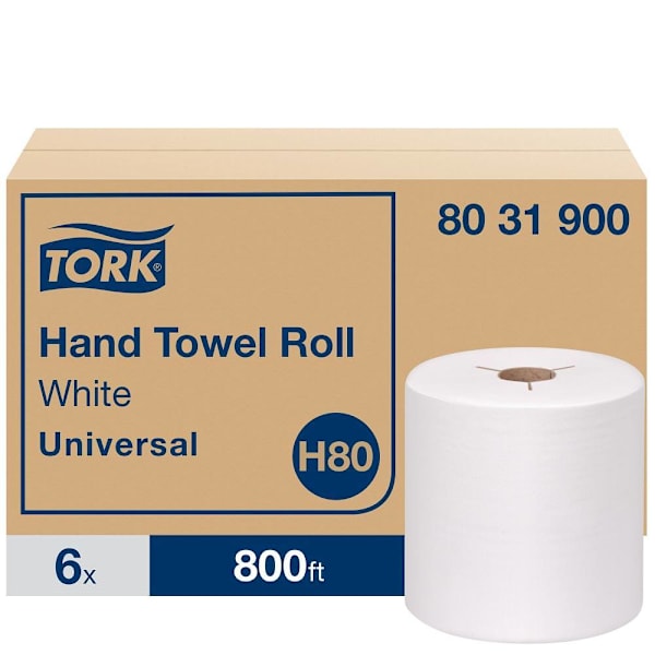 Tork Universal Paper Hand Towel Rolls, White, H80 System, 800 ft/Roll, 6 Rolls/Case