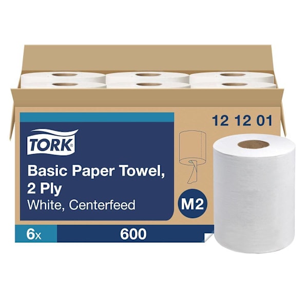 Tork High-Absorbency Centerfeed Paper Wipers, White, M2 System, 600 Sheets/Roll, 6 Rolls/Case