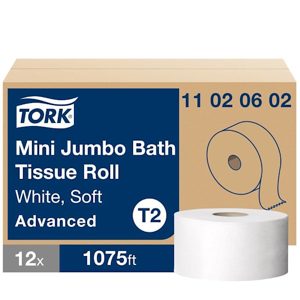 Tork Advanced Soft Mini Jumbo Toilet Paper, 2-Ply, White, T2 System, 1,075 Sheets/Roll, 12 Rolls/Case