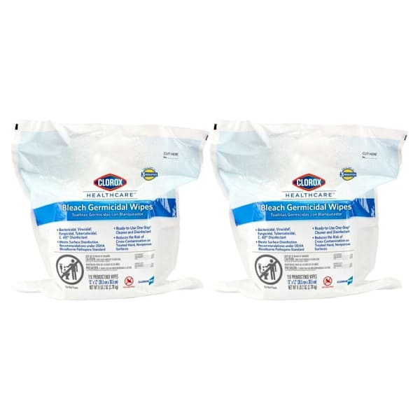 Clorox Healthcare Bleach Germicidal Wipes, 12" X 12", Refill For Bucket, 100 Count Pouch, Case Of 2