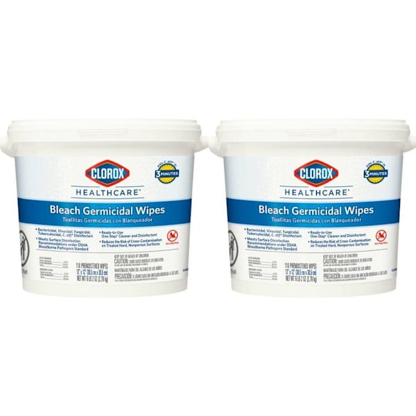 Clorox Healthcare Bleach Germicidal Wipes Bucket, 12 In X 12 In, 110 Count Bucket, Case Of 2