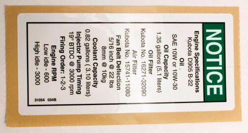 Genie Part # 31054GT – Decal, Notice, Kubota Die. Specs