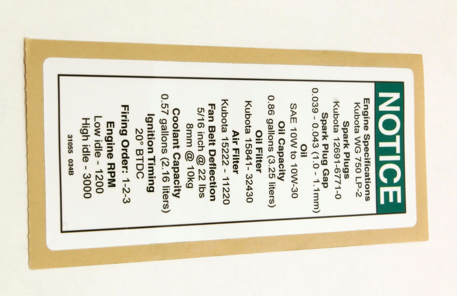 Genie Part # 31055GT – Decal, Notice, Kubota Gas Specs