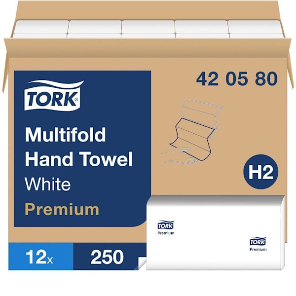 Tork Premium Multifold Hand Towels, Soft & Absorbent, White, H2 System, 3,000 Sheets/Case (12 Packs of 250)