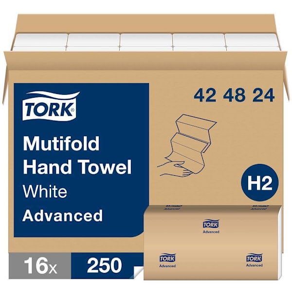Tork Advanced Multifold Hand Towels, Strong & Absorbent, White, H2 System, 4,000 Sheets/Case (16 Packs of 250)