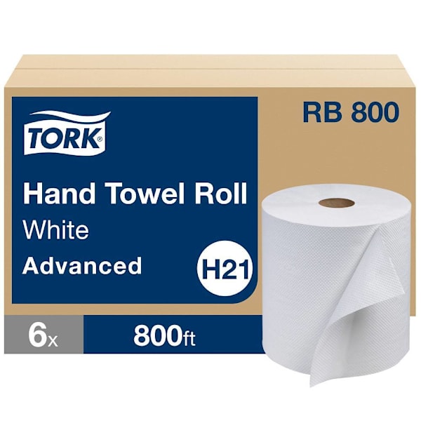 Tork Advanced Paper Hand Towel Rolls, White, 100% Recycled Fiber, H21 System, 800 ft/Roll, 6 Rolls/Case