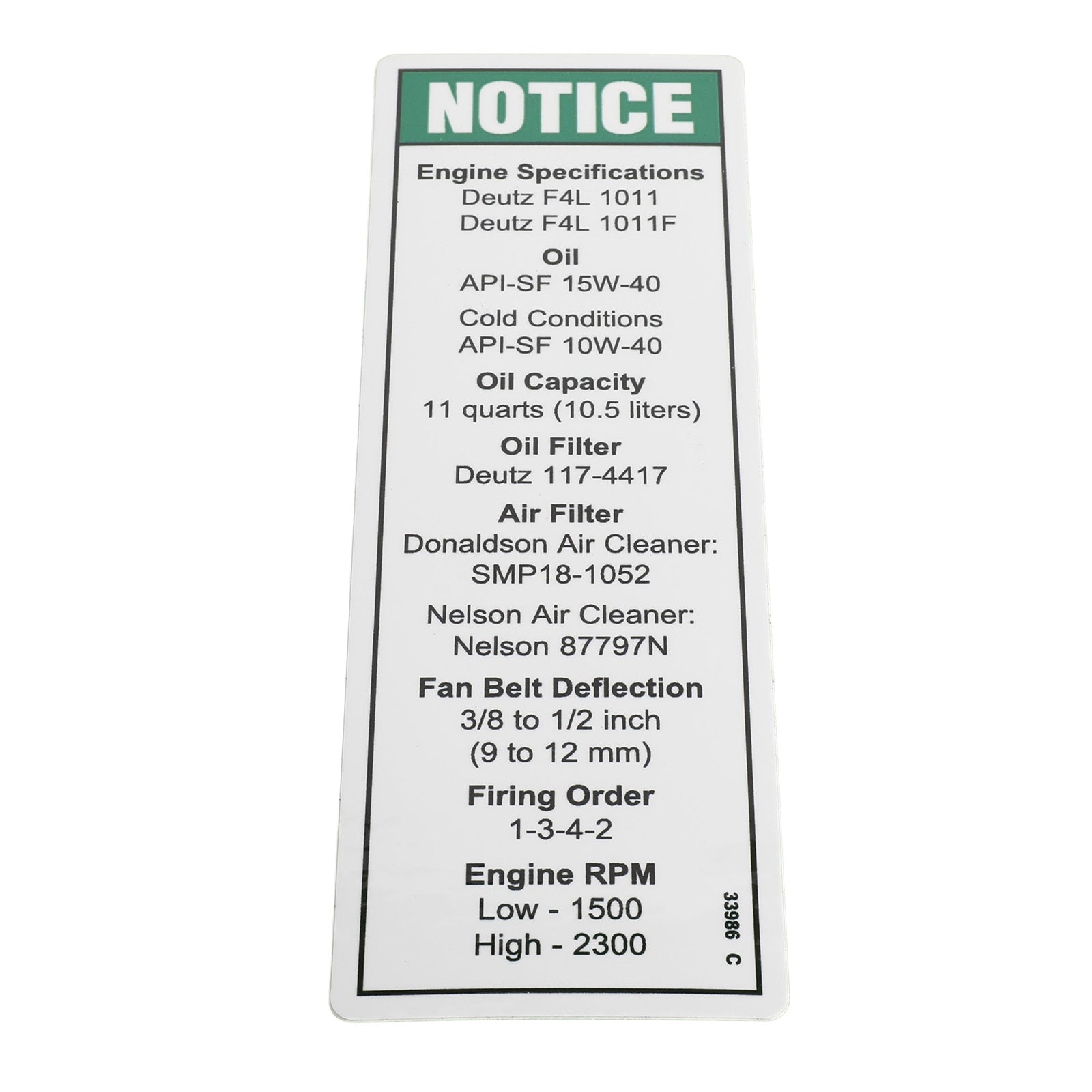 Genie Part # 33986GT – Decal, Notice, Deutz Eng Spec