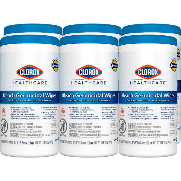 Clorox Healthcare Bleach Germicidal Wipes, 6 In X 5 In, 150 Count Canister, Case Of 6