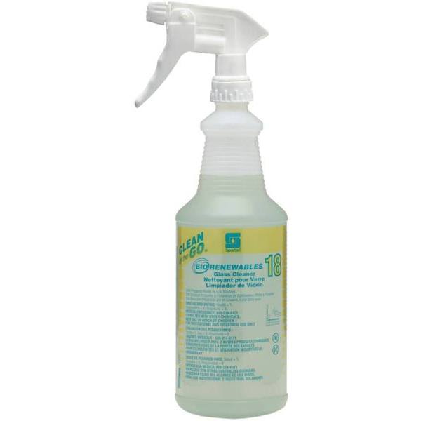 Spartan Translucent 32 Oz. Spray Bottle W/ Trigger Sprayer, Clean on the Go, Biorenewables Glass Cleaner 18, Case Of 12