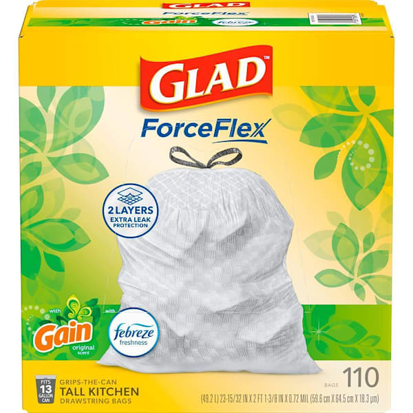 Glad Forceflex Tall Kitchen Bags, 13 Gal., Gain Original Scent Febreze, Package Of 110
