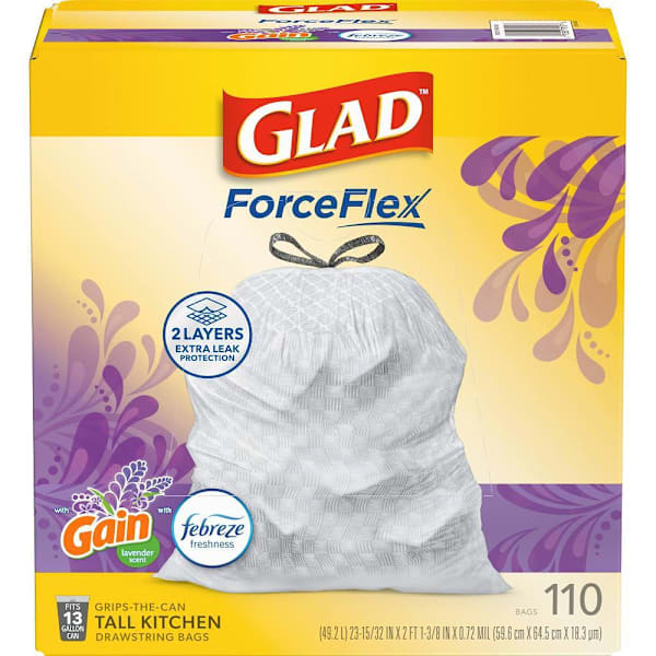 Glad Forceflex 13 Gal. Tall Kitchen Bags, Gain Lavender With Febreze, Package Of 110
