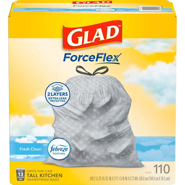 Glad Forceflex 13 Gal. Tall Kitchen Bags, Clean Scent With Febreze, Package Of 110