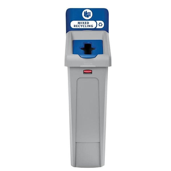 Rubbermaid Commercial Slim Jim 23 Gal. 1-Stream Mixed Recycling Bin For Recycling Station, Gray And Blue