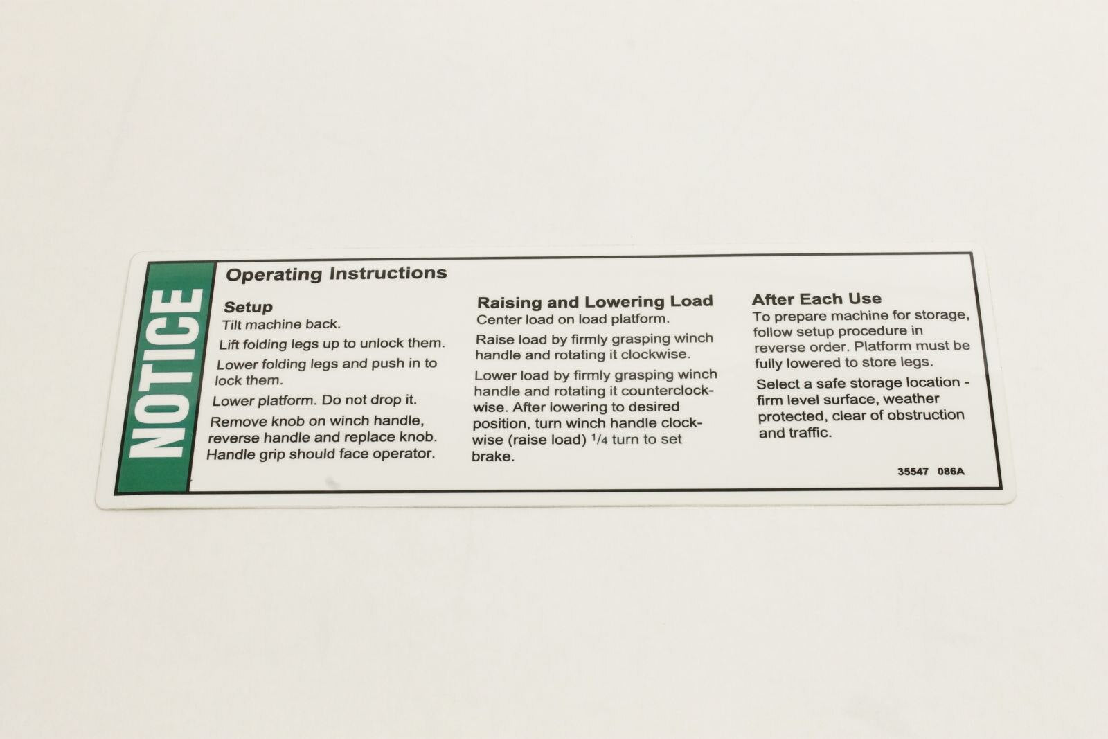 Genie Part # 35547GT – Decal, Notice, Machine Setup