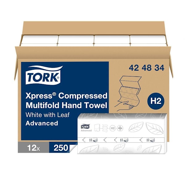 Tork Advanced Xpress Compressed Multifold Hand Towels, Strong & Absorbent, H2 System, 3,000 Sheets/Case (12 Packs of 250)