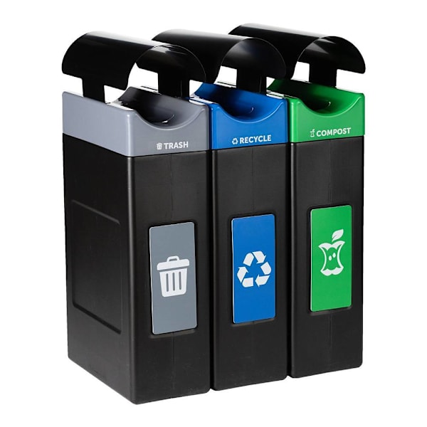 Commercial Zone Avante™ 3-Stream Trash, Recycling And Compost Center, 3-30-Gallon Narrow Units W/Canopy Lids, Liners Include
