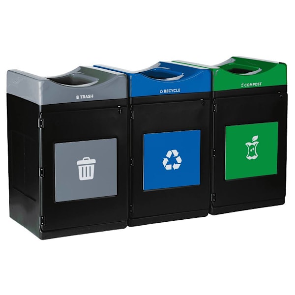 Commercial Zone Avante™ 3-Stream Trash, Recycling And Compost Center, 3-55-Gallon Open Top Units, Liners Included