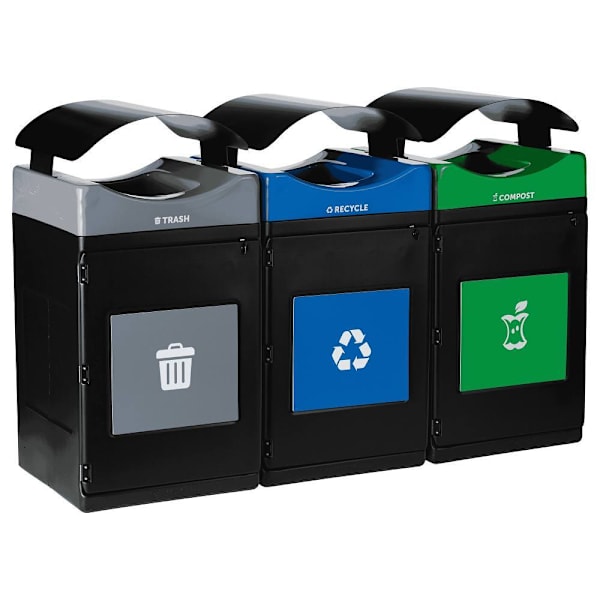 Commercial Zone Avante™ 3-Stream Trash, Recycling And Compost Center, 3-55-Gallon Units, W/Canopy Lids, Liners Included