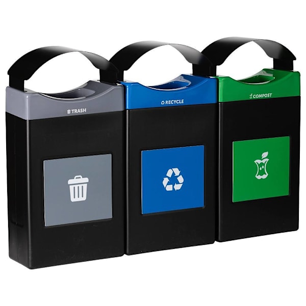 Commercial Zone Avante™ 3-Stream Trash, Recycling And Compost Center, 3-30-Gallon Shallow Units, W/Canopy Lids, Liners Inclu