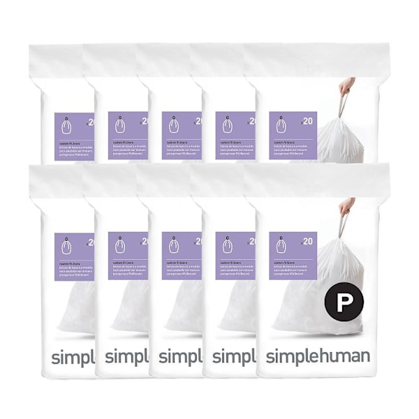 Simplehuman Code P Custom Fit Drawstring Trash Bags, 200 Count, 16 Gallon, White