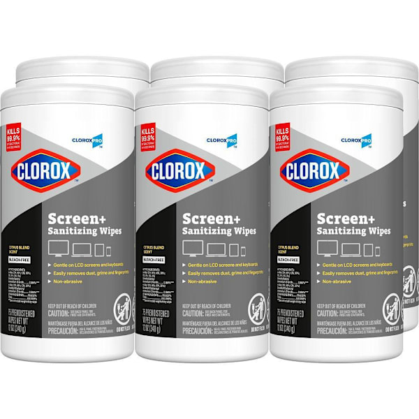 Clorox Screen+ Sanitizing Wipes, Cloroxpro, Citrus Blend Scent, 75 Count, Case Of 6
