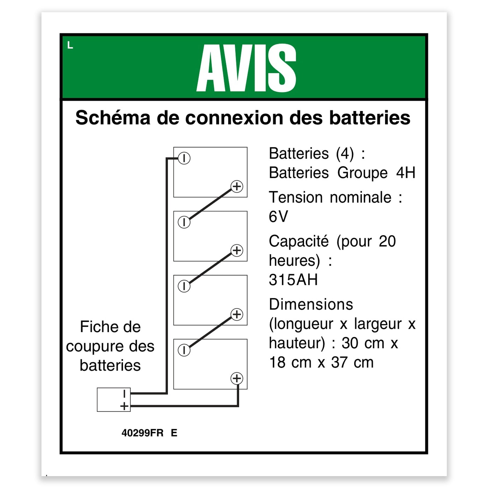 Genie Part # 40299FRGT – Decal, Notice, Batt Connection