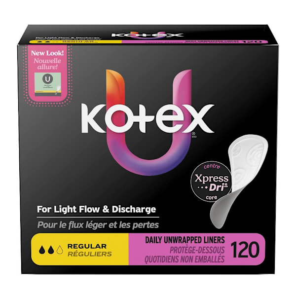 Kotex Absorbent Flat Liners Light Absorbency Regular Length 120 Count Case Of 4