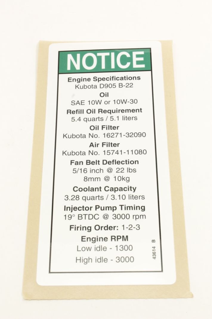 Genie Part # 43614GT – Decal, Notice, Kubota Die. Specs