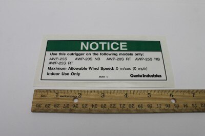 Genie Part # 46204GT – Decal, Notice, 26 In Outrigger, CE