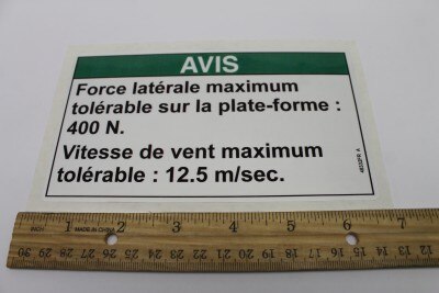 Genie Part # 48332FRGT – Decal, Notice, 90 Force/12.5 Wind
