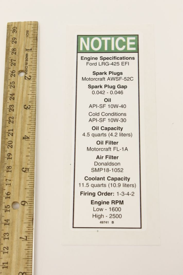 Genie Part # 49741GT – Decal, Notice, Ford EFI Eng Spec